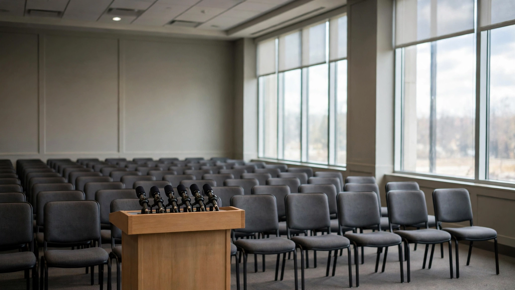 A wooden podium with microphones in front of rows of empty chairs in a briefing room