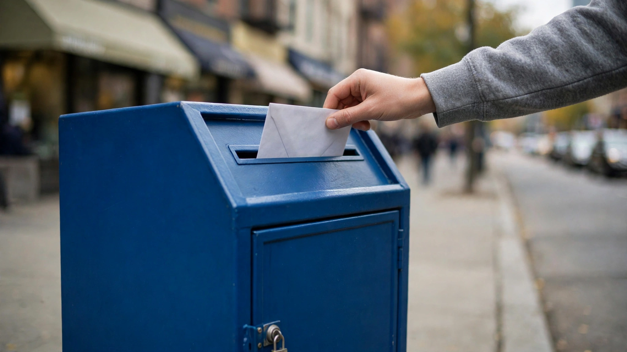 A hand placing a white envelope into a blue mail ballot drop box on a city sidewalk