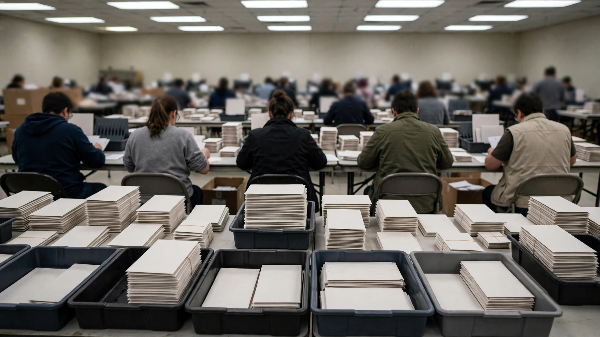 Election workers seen from behind sorting stacks of mail ballot envelopes at tables in a counting room