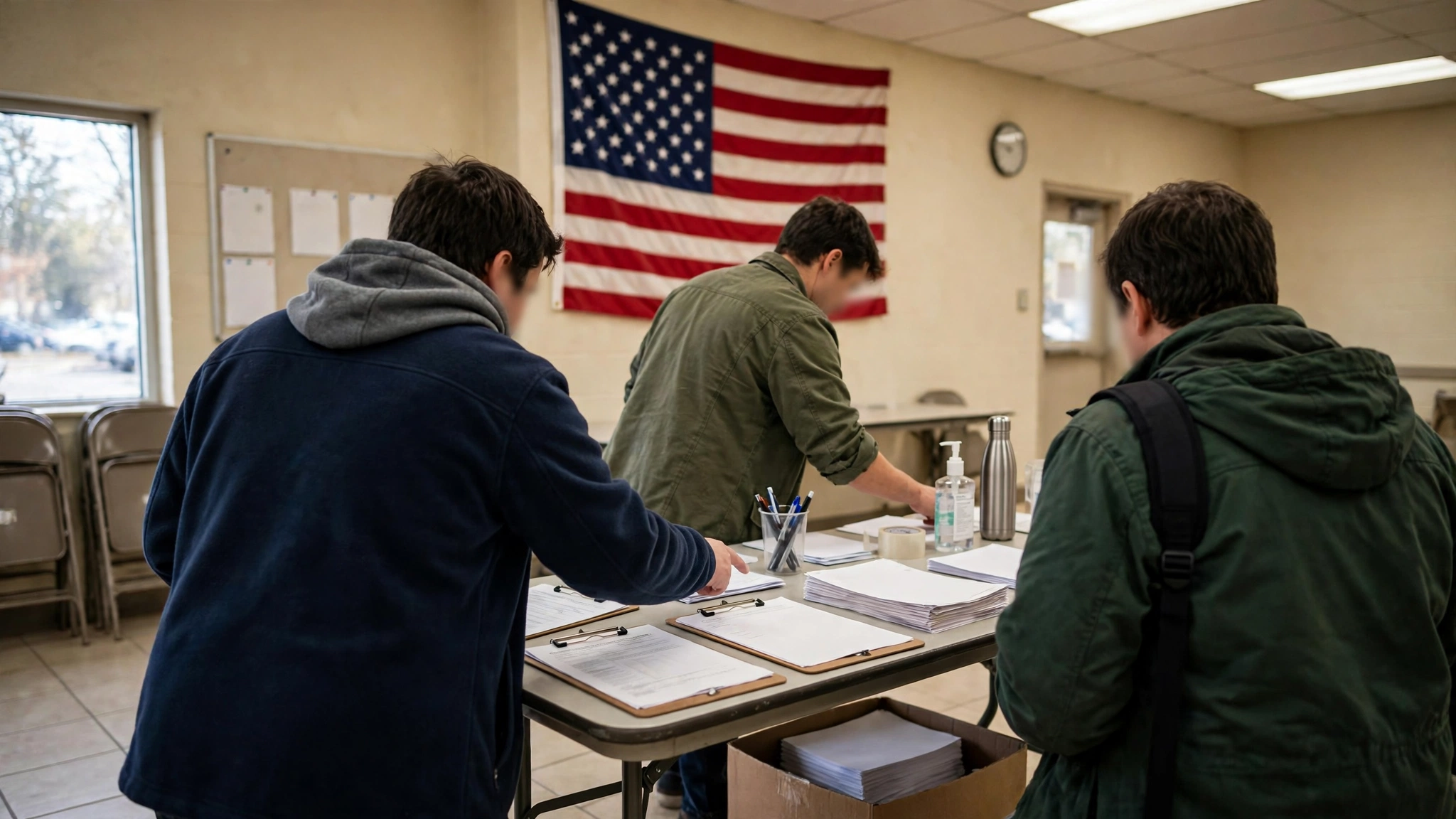 People filling out registration forms at a table in a community center beneath a hanging American flag