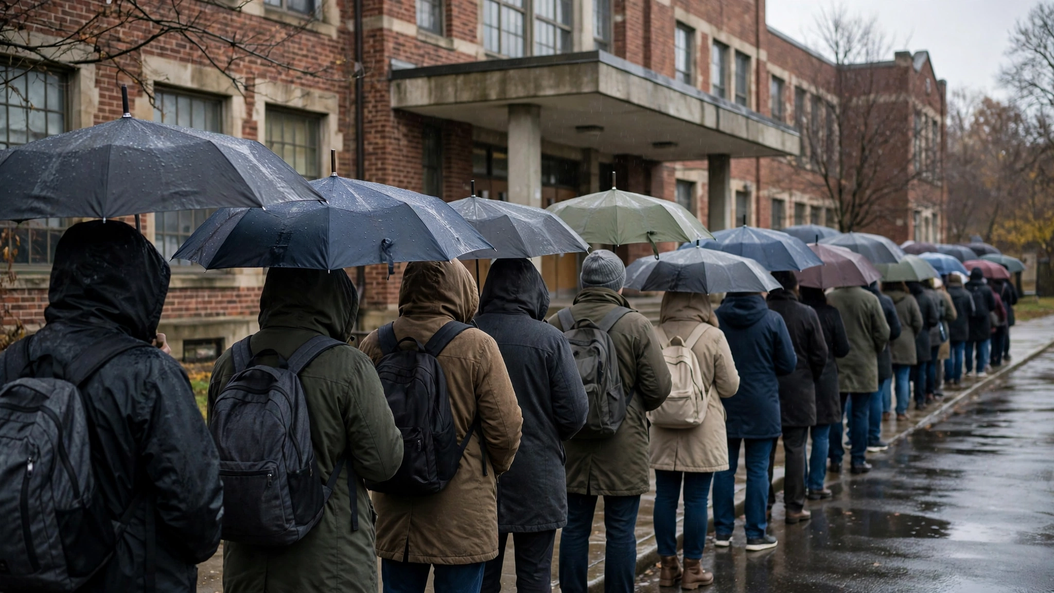 A line of voters with umbrellas waiting outside a brick school building used as a polling place in the rain