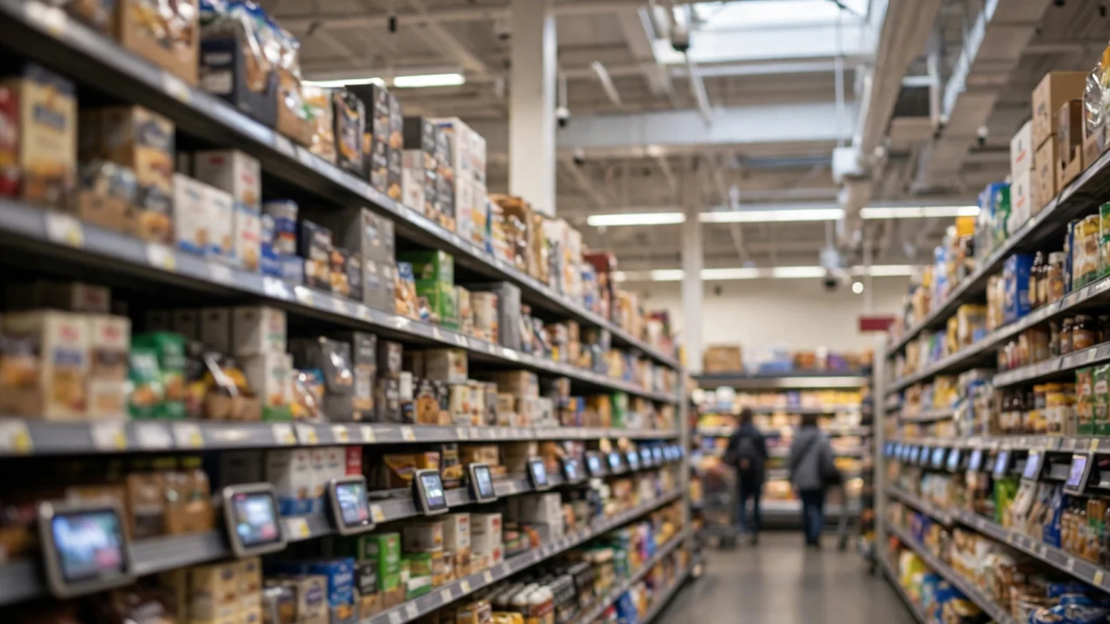 Interior of a generic big-box supermarket aisle with grocery shelves and digital shelf price tags