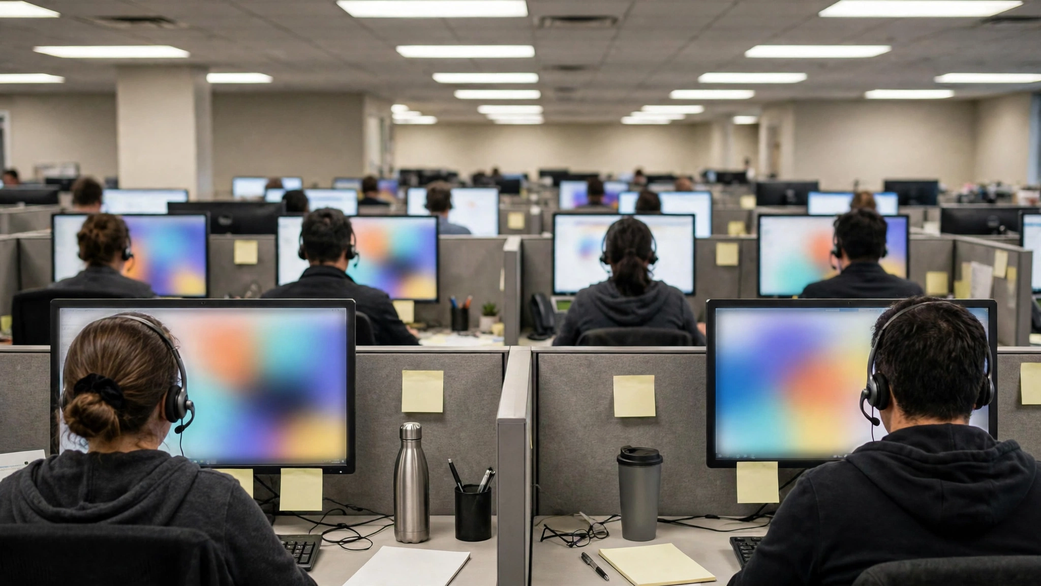 Anonymous telephone survey workers at desks in a call center, seen from behind