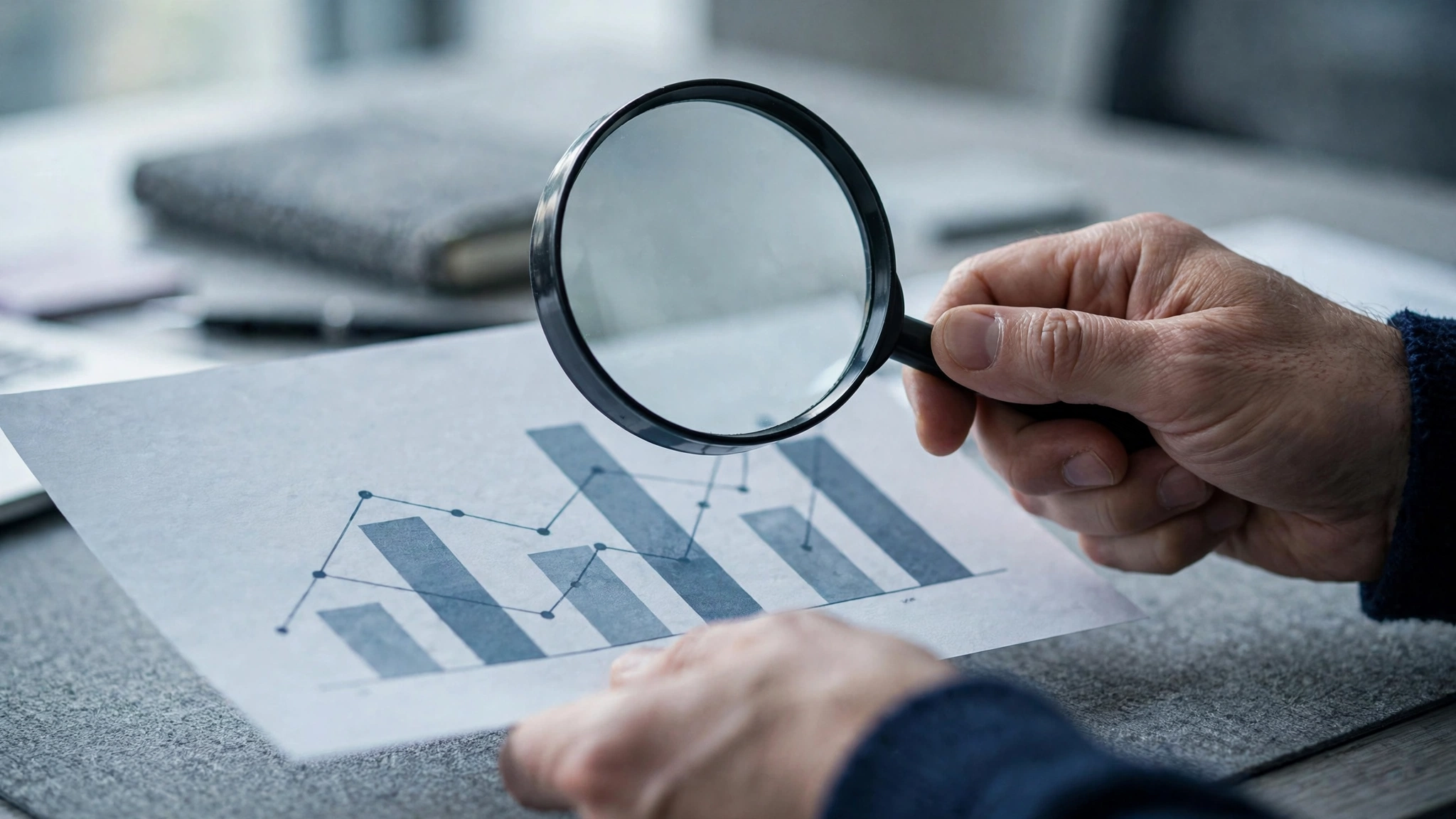 Anonymous hands holding a magnifying glass over a printed survey chart