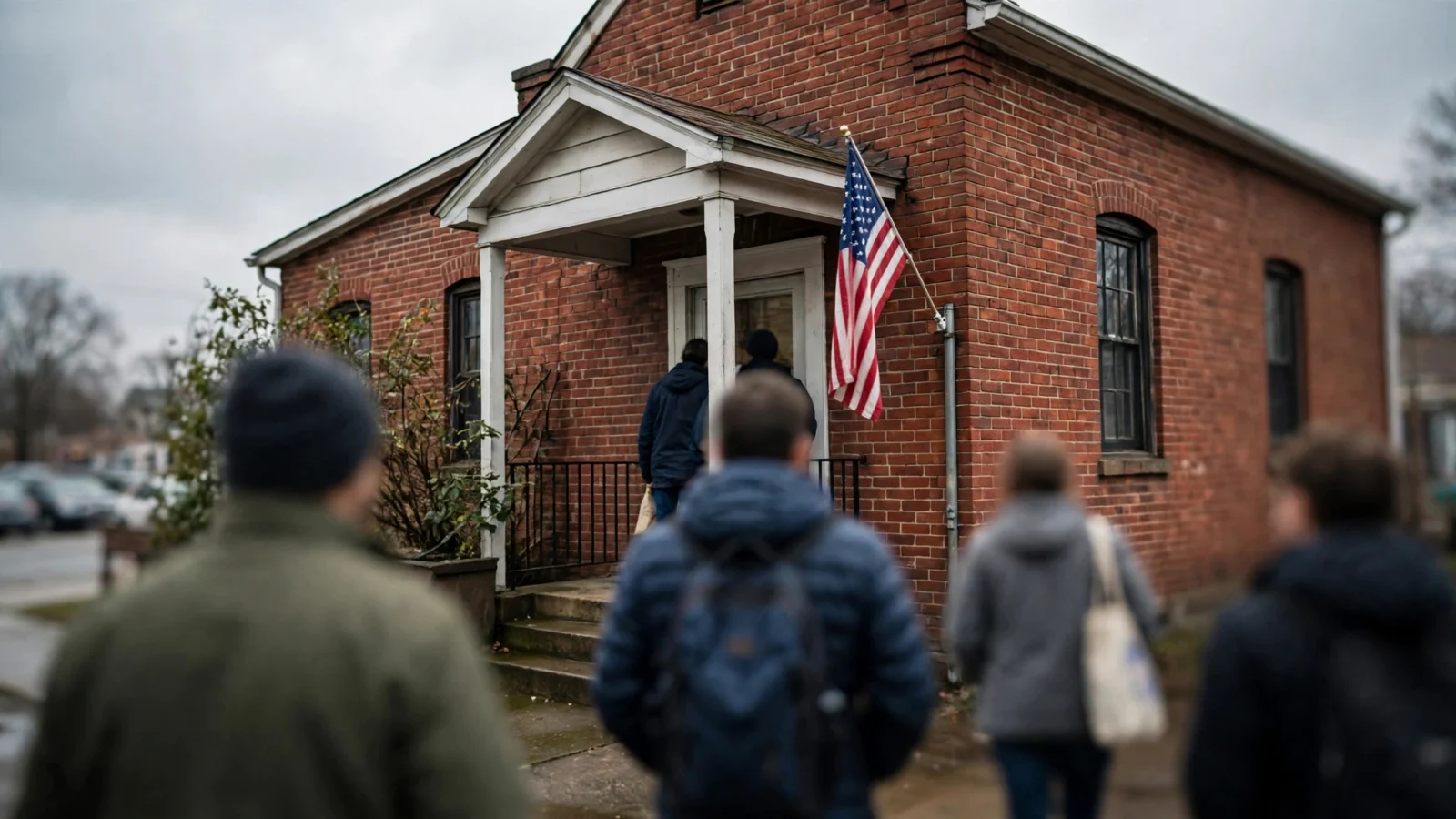 Anonymous voters walking into a brick polling place with an American flag outside