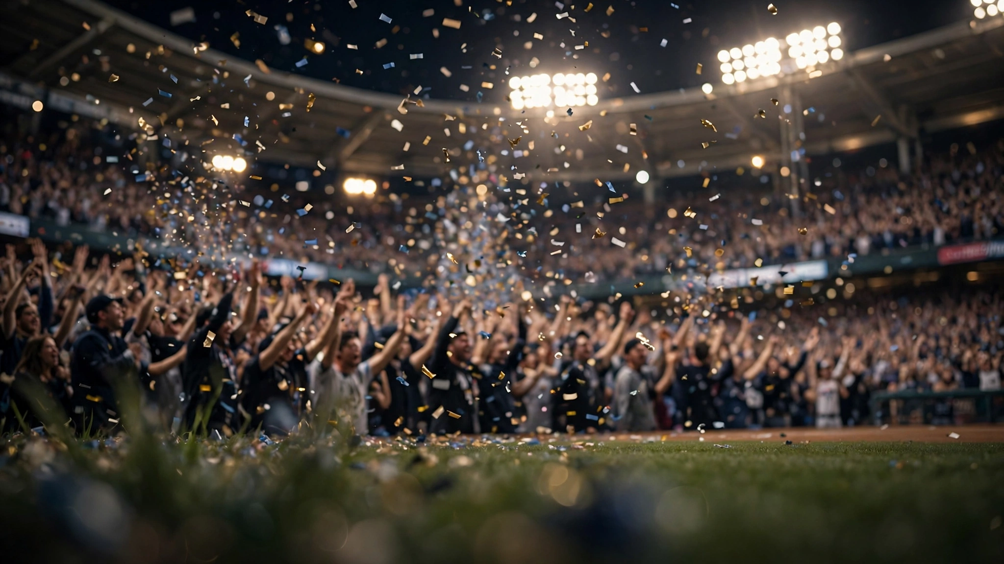 Fans filling a baseball stadium at night, cheering under the floodlights before first pitch