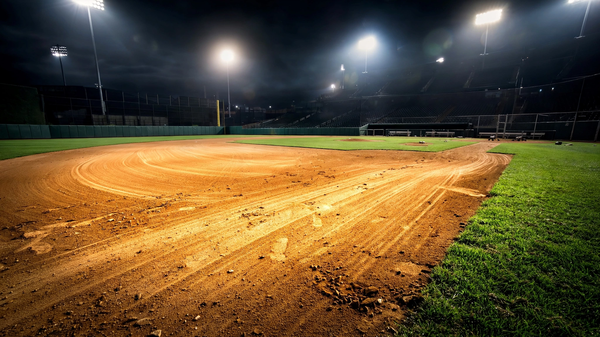 A low-angle view of a baseball diamond glowing under the floodlights at night