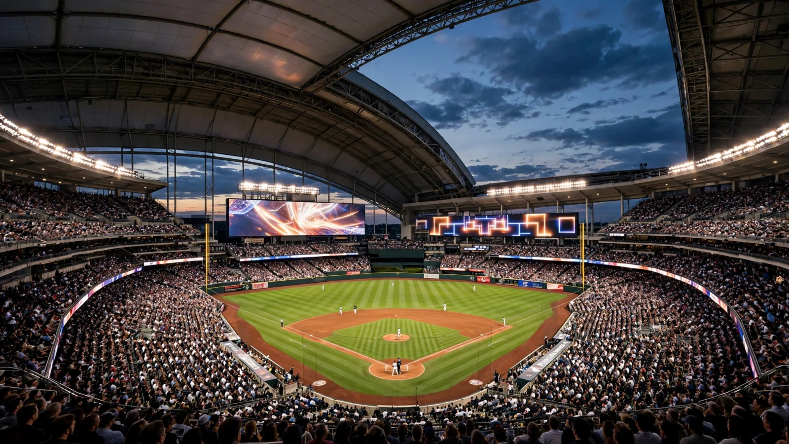 A packed baseball stadium at dusk with the retractable roof open and the field lit for a World Series game