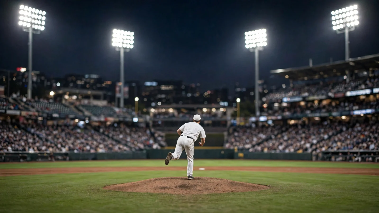 A baseball pitcher in a plain white uniform delivers a pitch from the mound at night under stadium lights