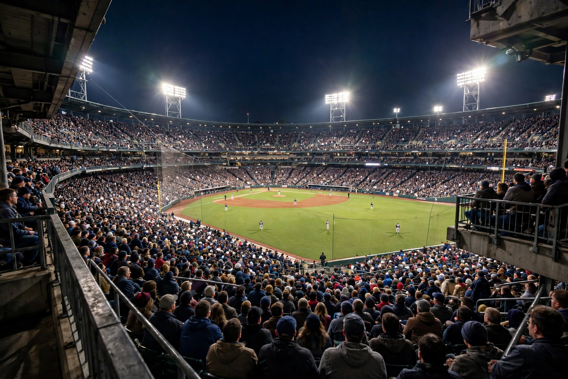 A packed baseball stadium at night with players on the field under bright floodlights