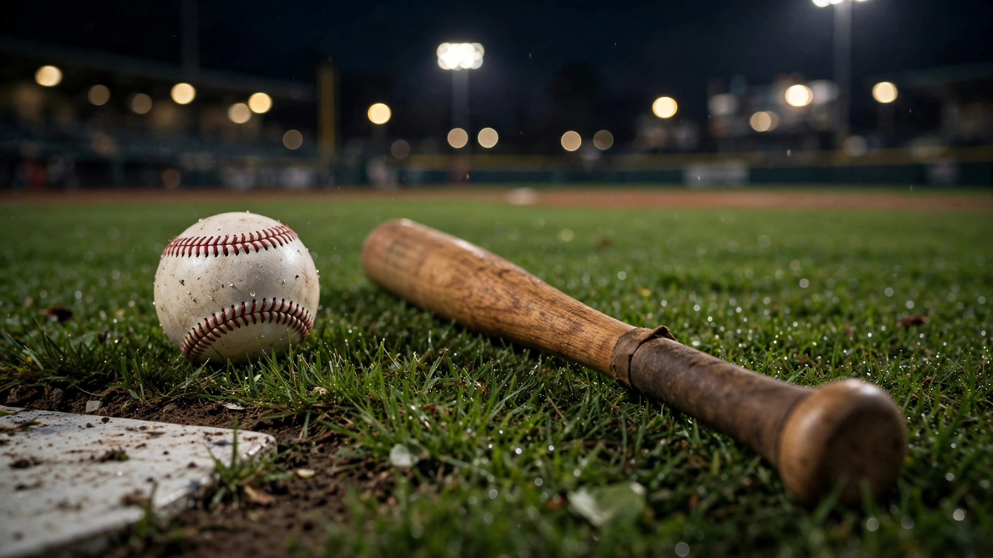 A wooden baseball bat and a baseball rest on the grass near home plate at night
