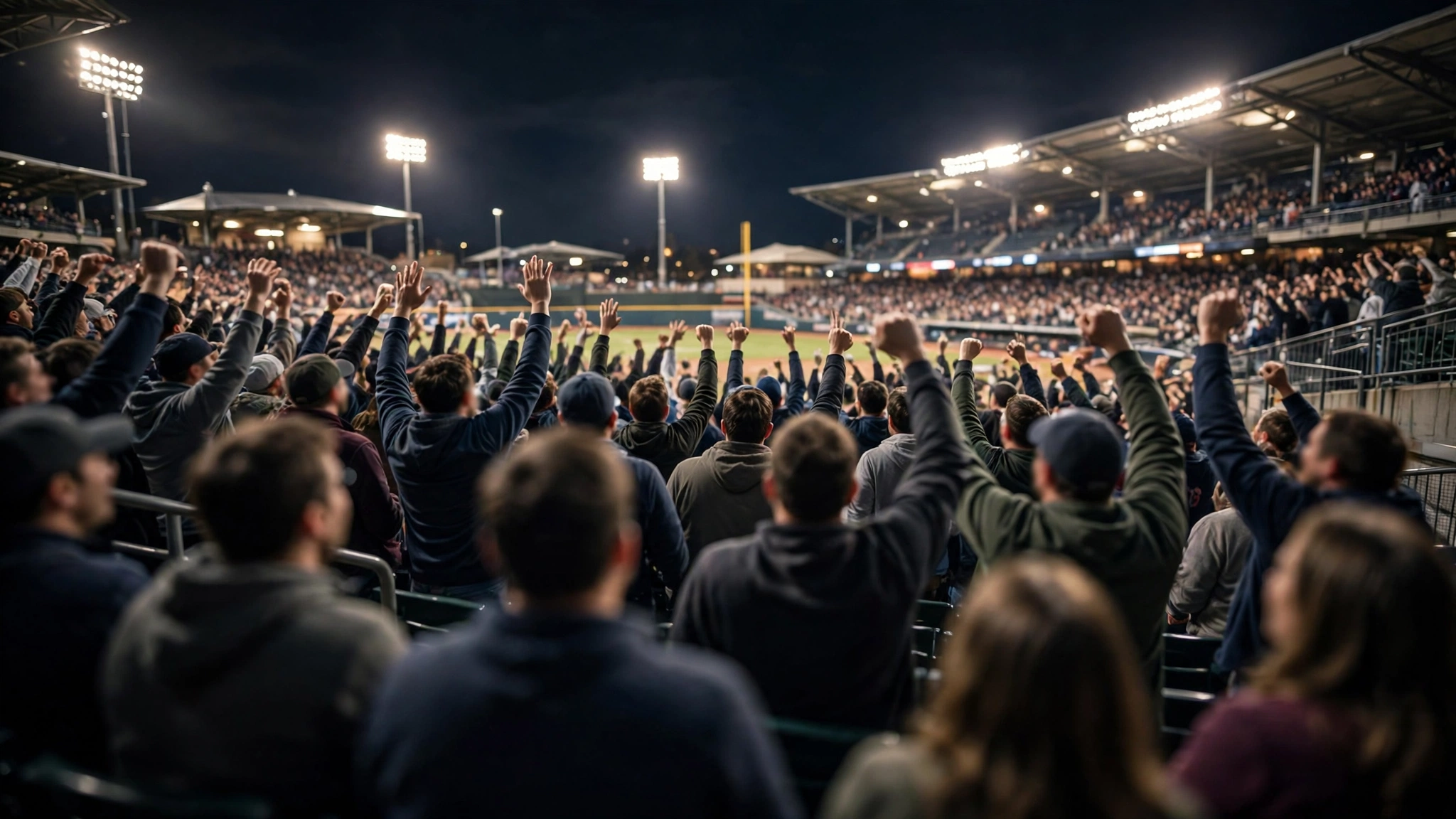 Baseball fans in the stands cheer with their arms raised under stadium lights at night