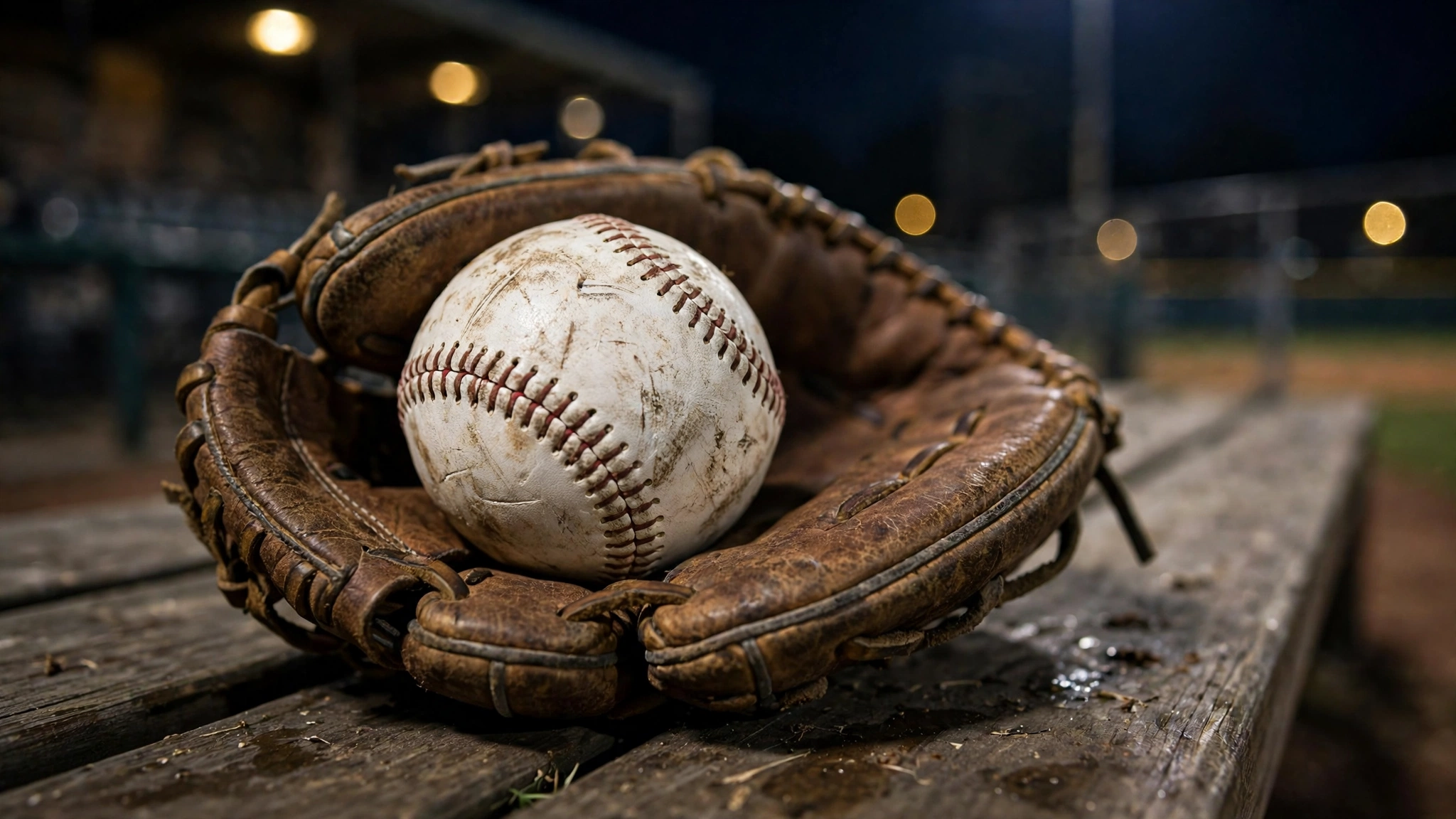A scuffed white baseball resting in a worn leather glove on a dugout bench at night