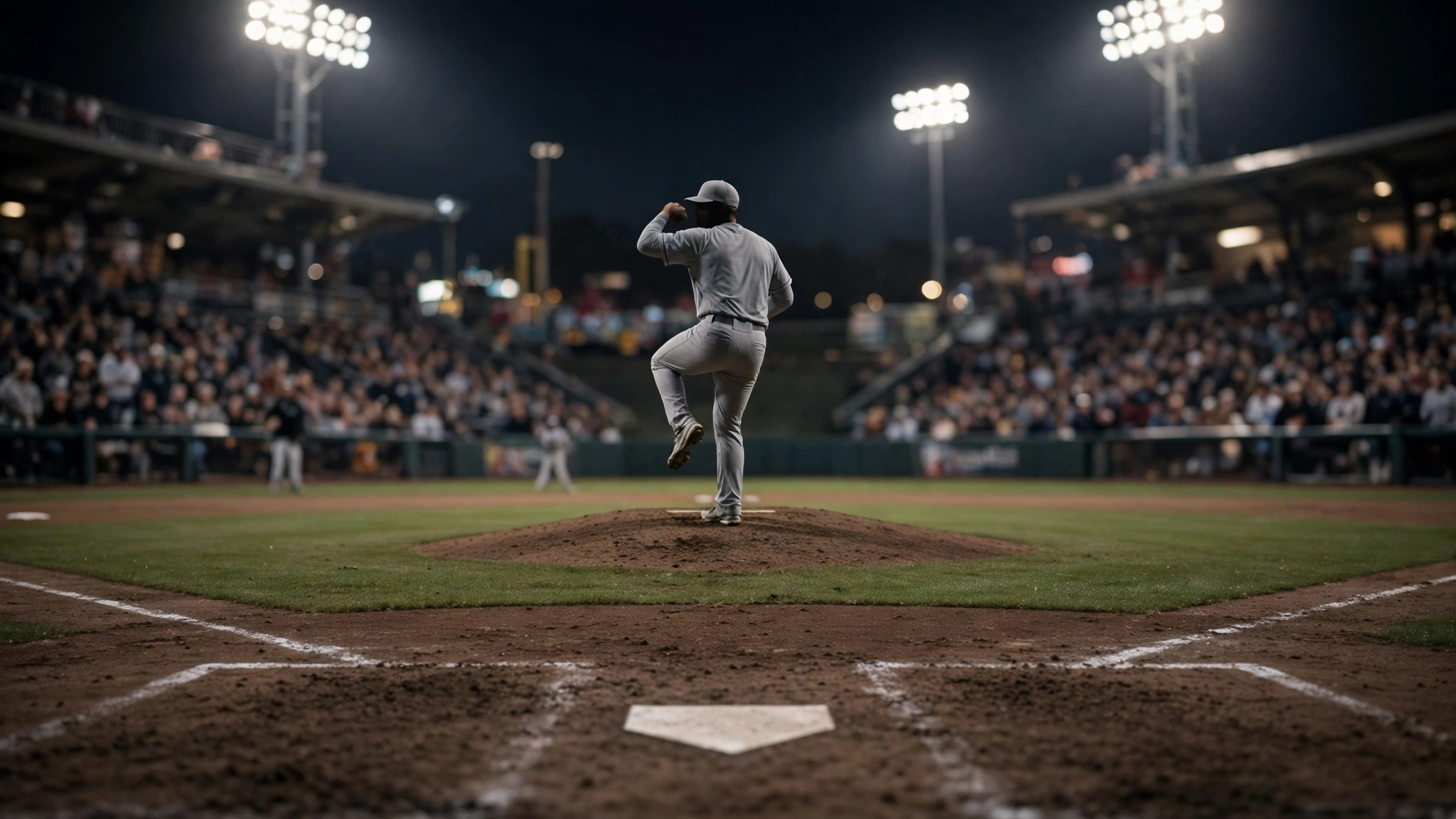 A pitcher in a grey uniform winding up on the mound at night in front of a packed stadium