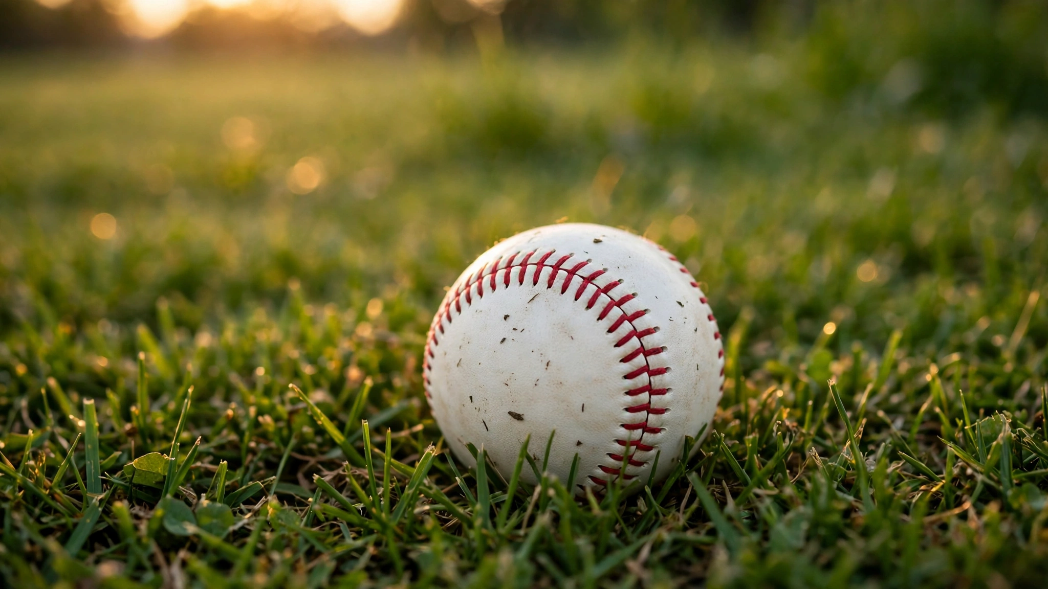 A white baseball with red stitching resting on green outfield grass in evening light