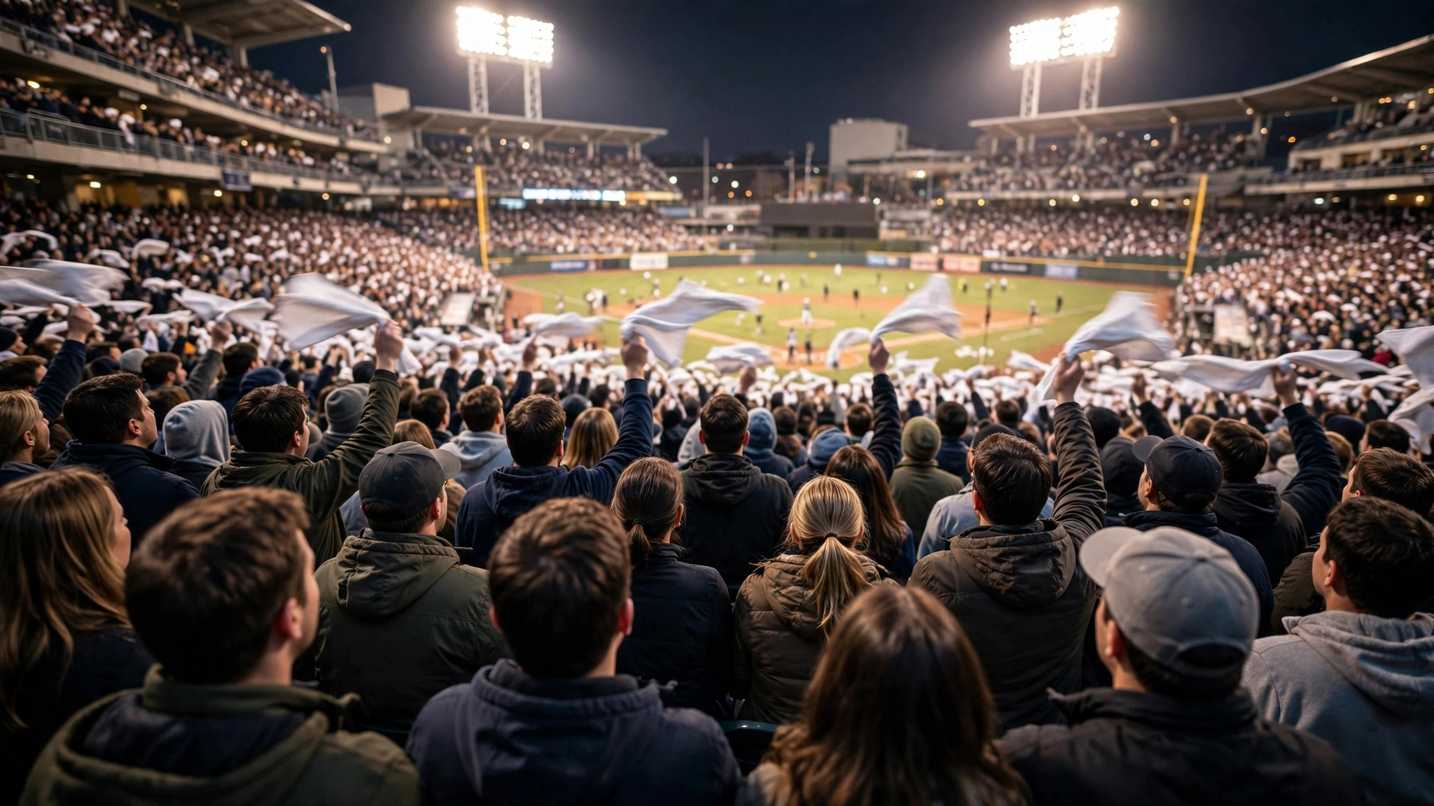 A packed stadium crowd seen from behind waving plain rally towels under the lights