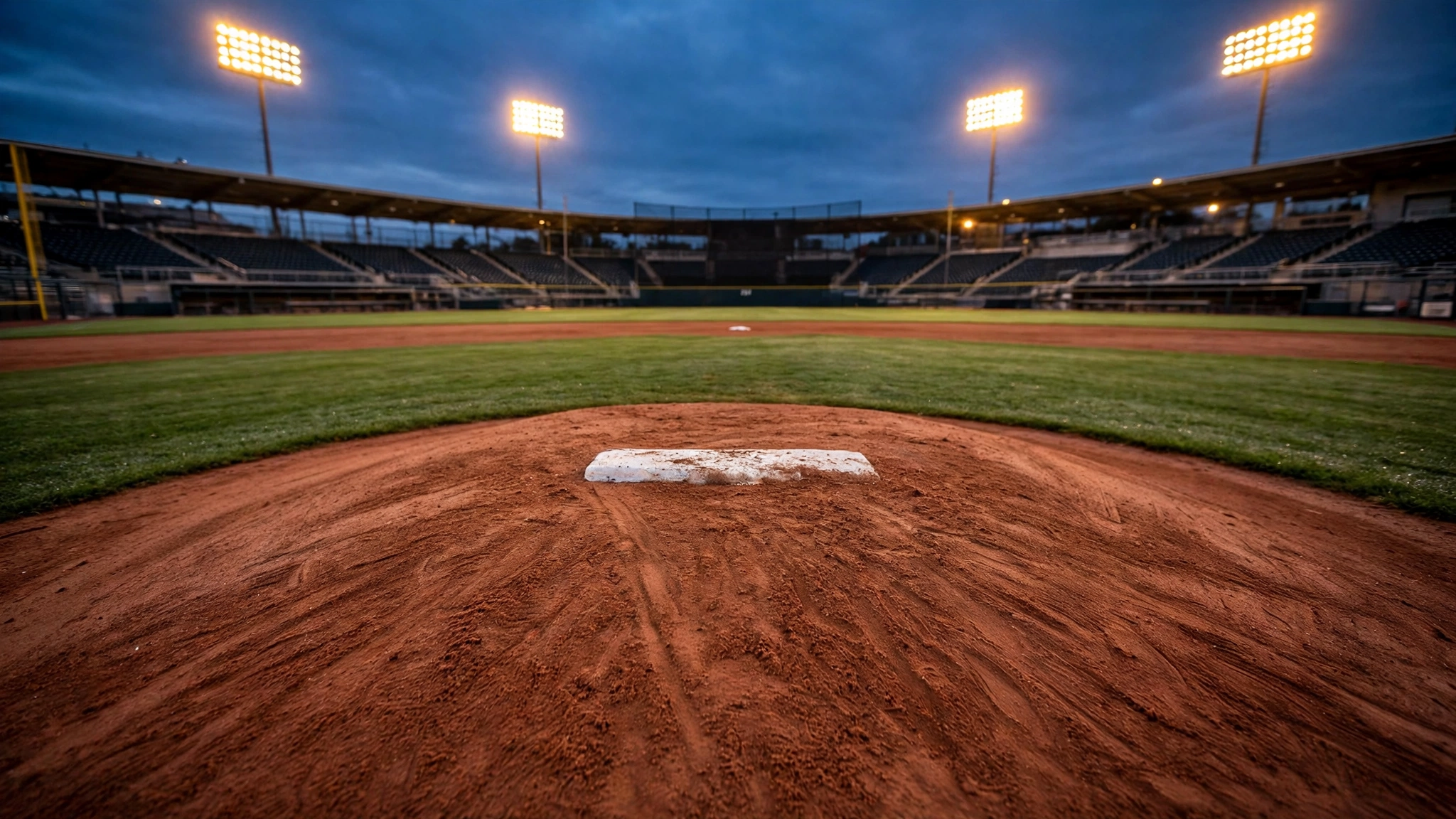A pitcher's mound on an empty diamond at twilight with the stadium lights glowing