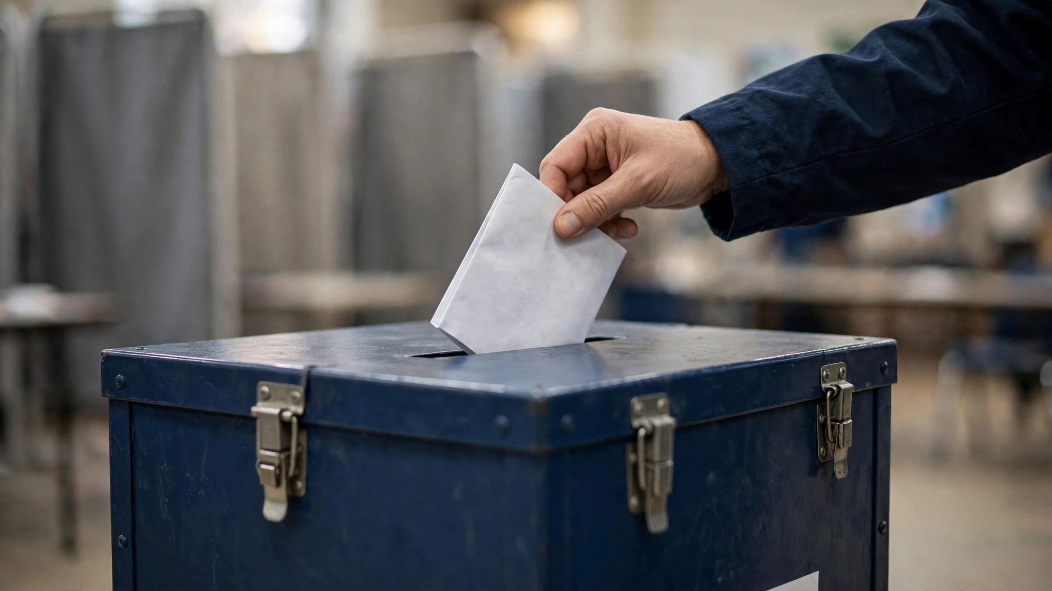 Close-up of a hand placing a paper ballot into a dark blue ballot box