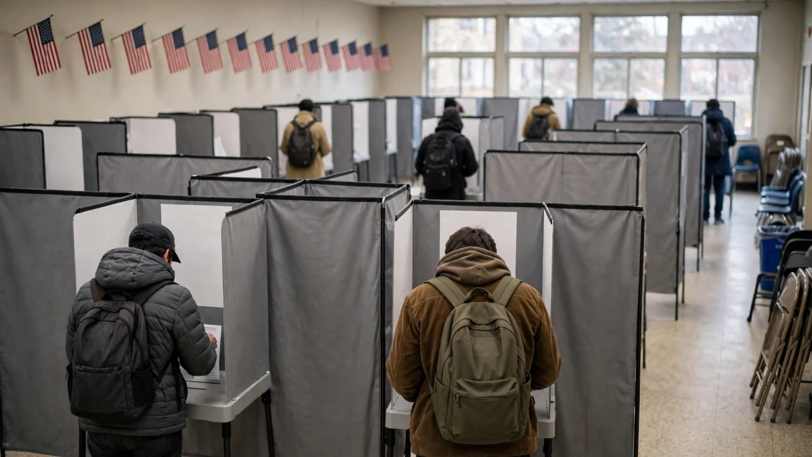 Voters standing at voting booths inside an American polling place, with small American flags strung along the wall