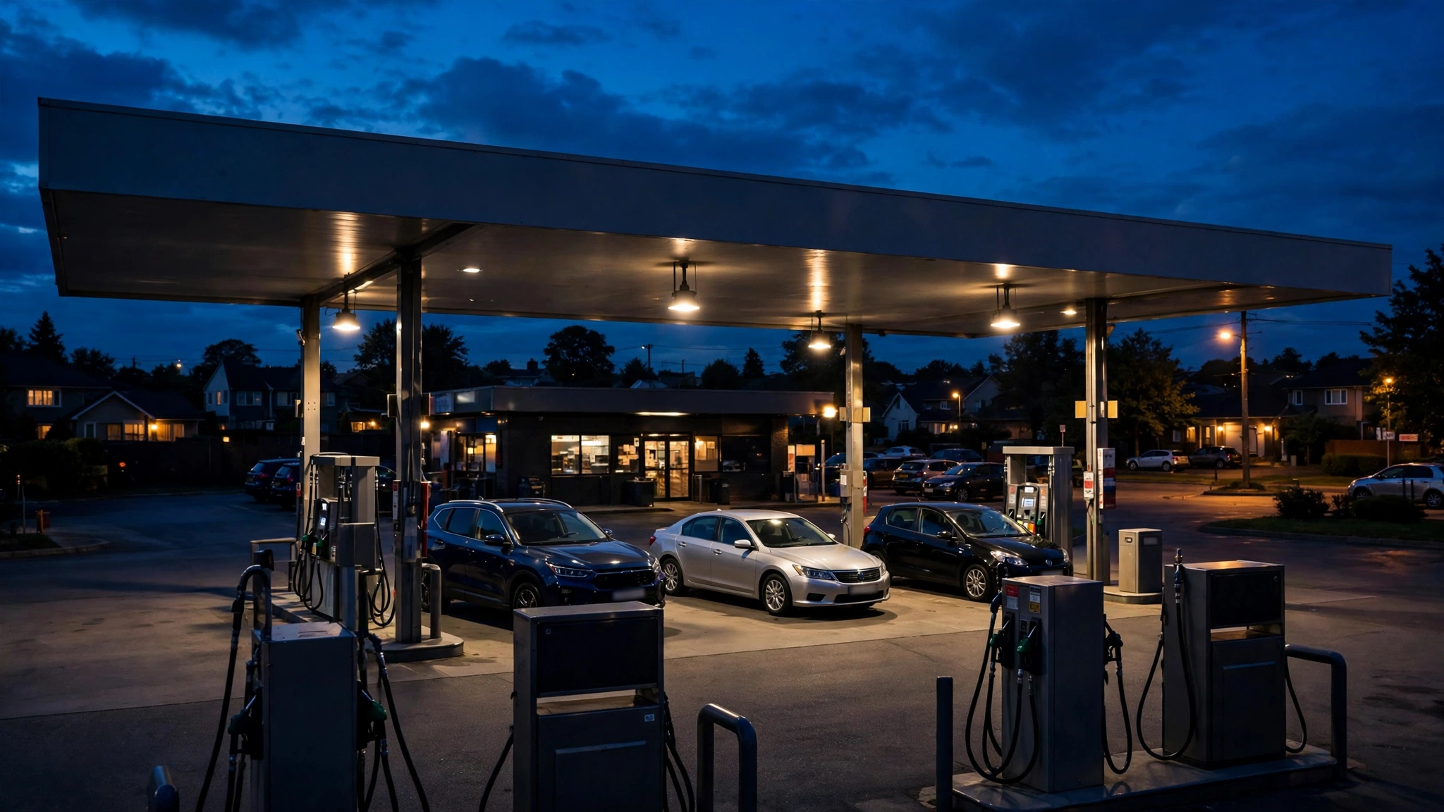 A suburban gas station with fuel pumps and parked cars under a dark evening sky