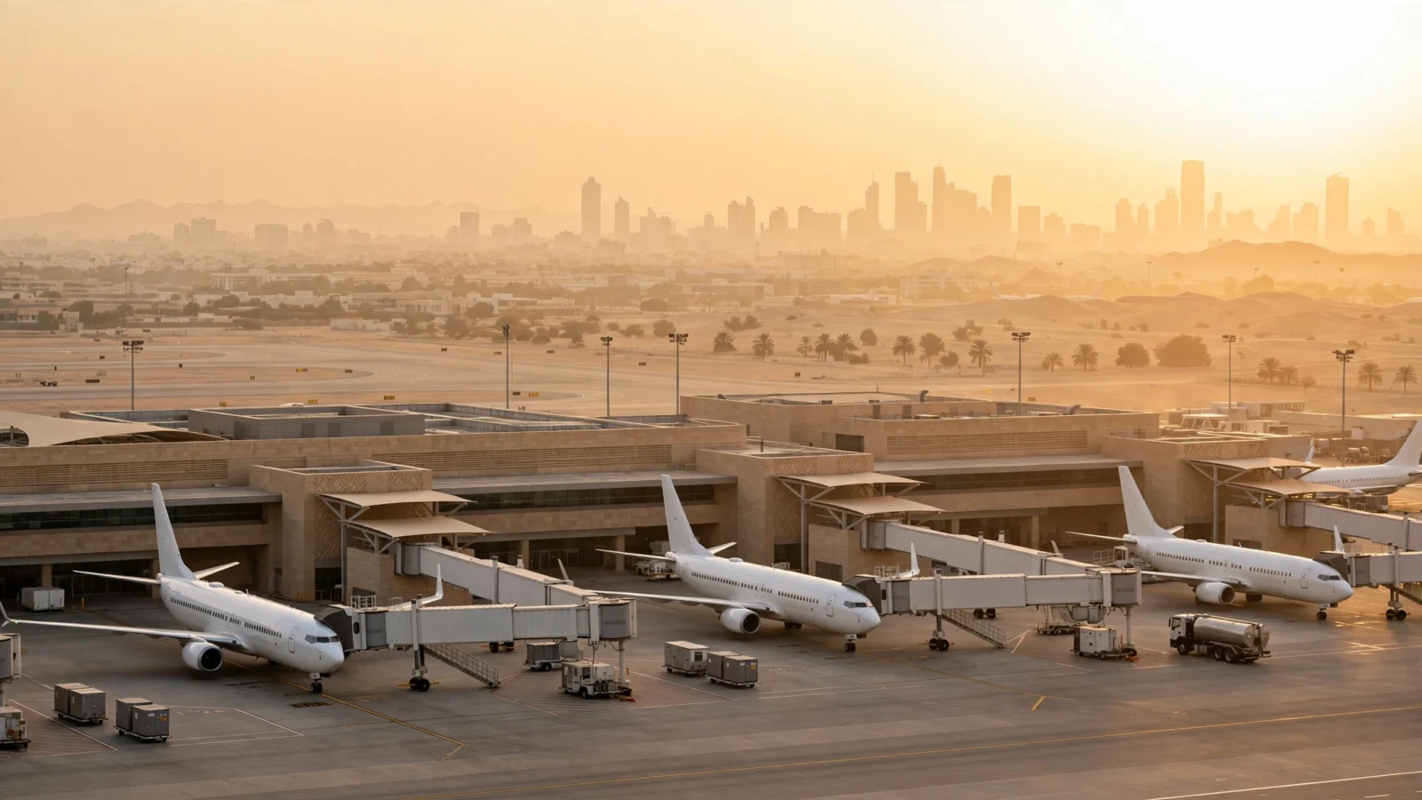 Commercial airliners parked at gates of a Middle Eastern airport terminal at golden hour, city skyline in the distance