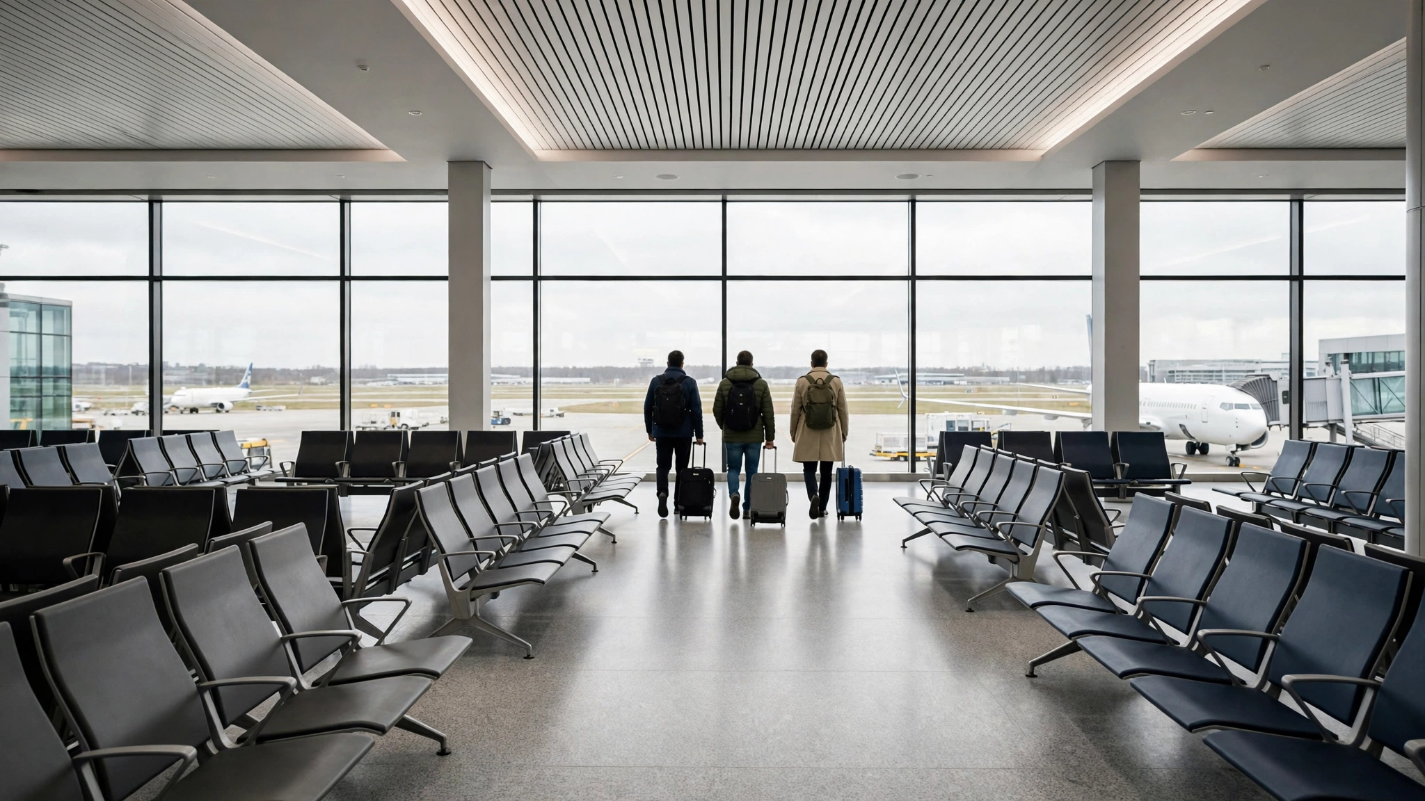 Three travelers with rolling luggage walking through an airport departure terminal with floor-to-ceiling windows