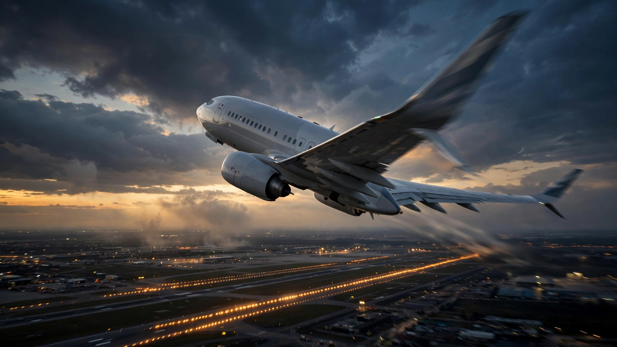 A commercial airliner climbing into a cloudy dusk sky above a lit airport runway