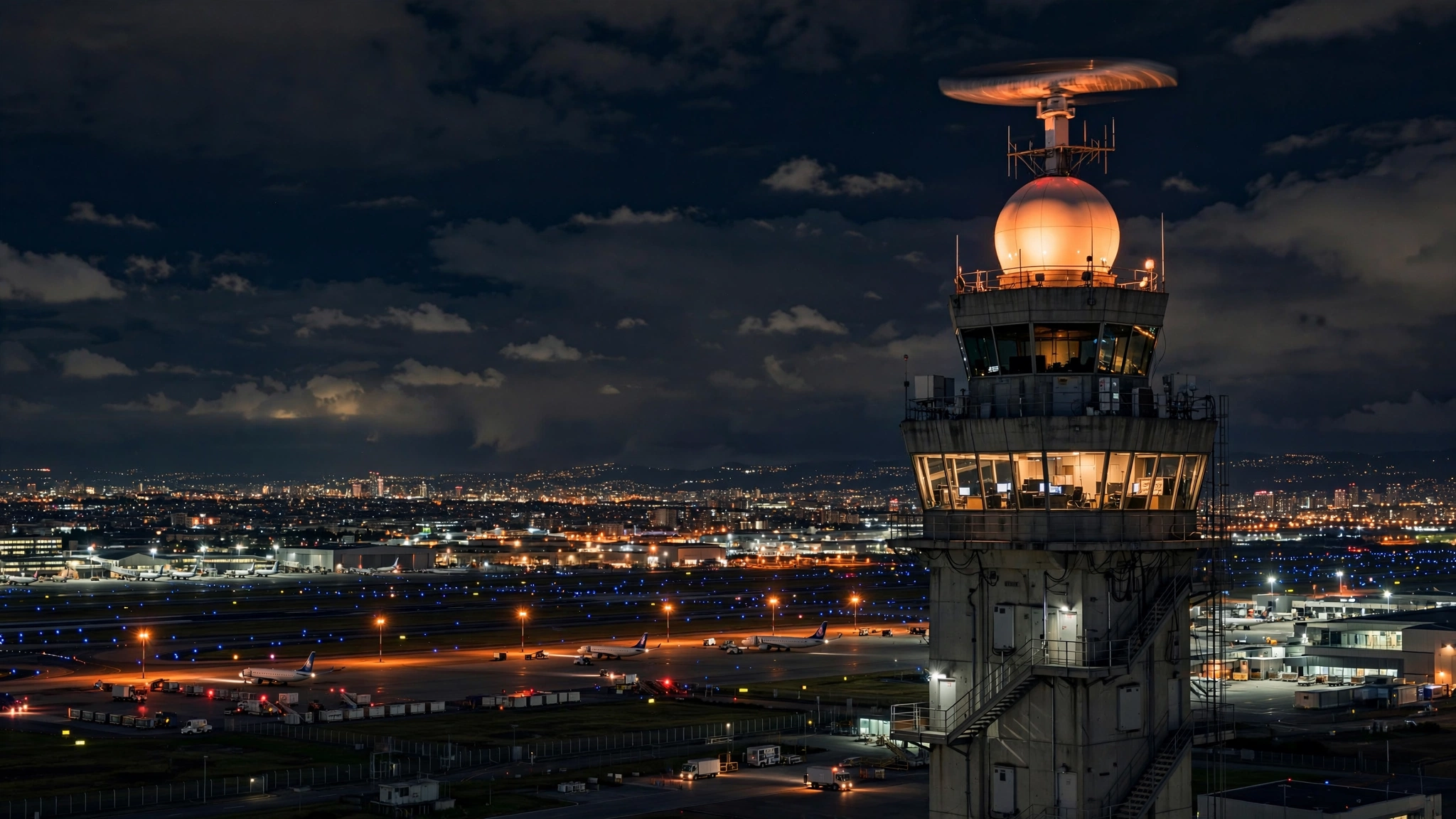 An airport air traffic control tower with a glowing radar dome at night