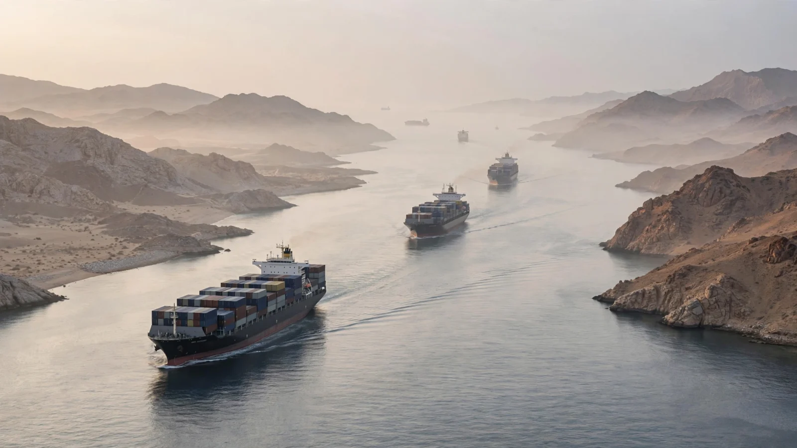 Cargo container ships transit a narrow Red Sea strait between arid coastlines at dawn